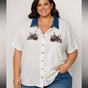 Y2k Vintage Grandmacore Button Up kitten Shirt plus size 2X embroidered cottage